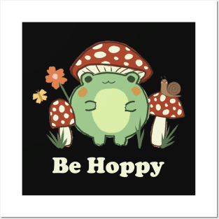 Cute Be Hoppy Retro Mushroom Frog | Cream Text Posters and Art